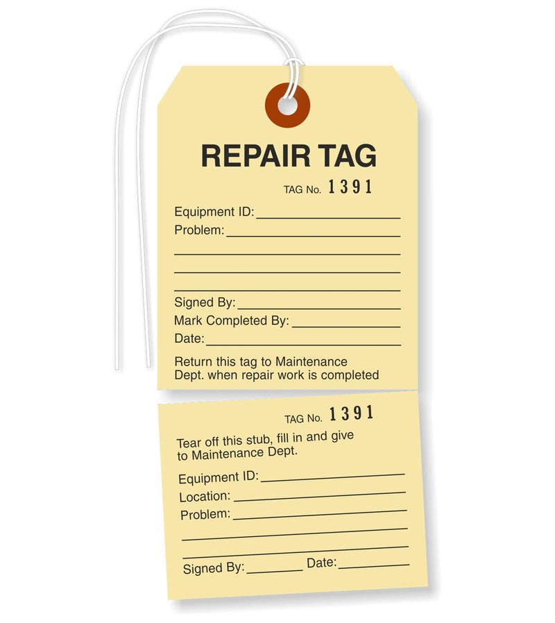 SmartSign Pack of 100 Sequentially Numbered Repair Tags with String | 5 3/4" x 2 7/8" Manila 10pt Cardstock - Image 1